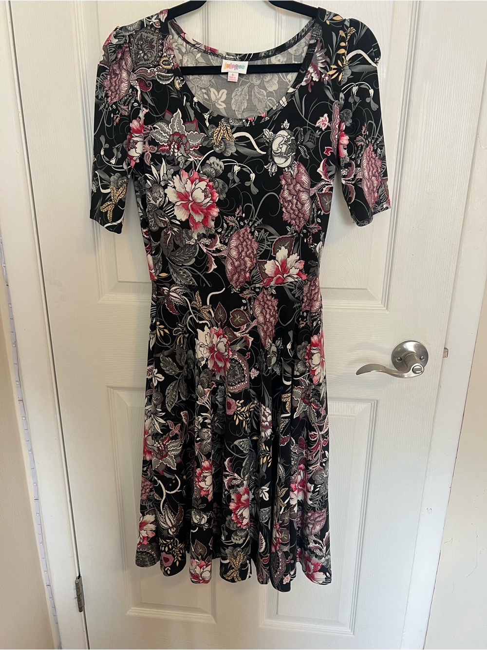 LuLaRoe Black Floral Midi Dress with Pink and Cream Accents